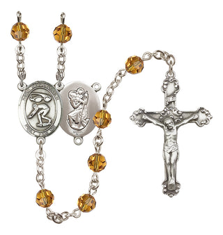 Sterling Silver 6mm Austrian Crystal Saint Christopher/Swimming Rosary in Topaz
