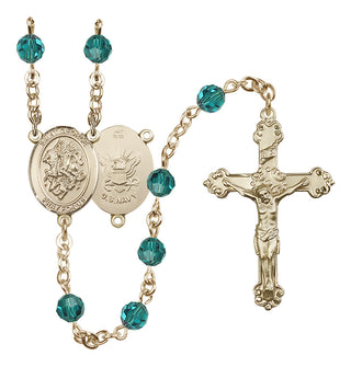14 Karat Gold 6mm Austrian Crystal Saint George / Navy Rosary in Zircon