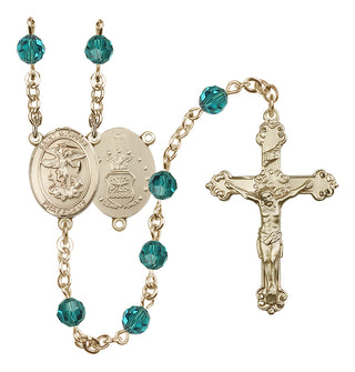 14 Karat Gold 6mm Austrian Crystal Saint Michael / Air Force Rosary in Zircon