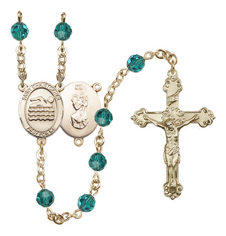 14 Karat Gold 6mm Austrian Crystal Saint Christopher/Swimming Rosary in Zircon