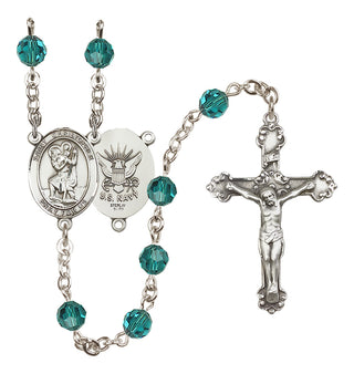 Sterling Silver 6mm Austrian Crystal Saint Christopher / Navy Rosary in Zircon