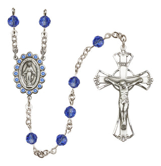 Sterling Silver 6mm Austrian Crystal Miraculous Rosary in Sapphire