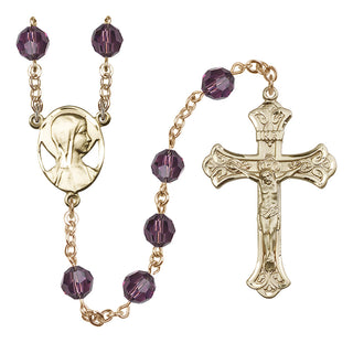 14 Karat Gold 8mm Austrian Crystal Madonna Mary Rosary in Amethyst