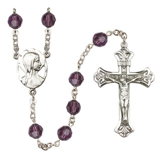 Sterling Silver 8mm Austrian Crystal Madonna Mary Rosary in Amethyst