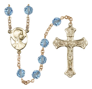 14 Karat Gold 8mm Austrian Crystal Madonna Mary Rosary in Aqua