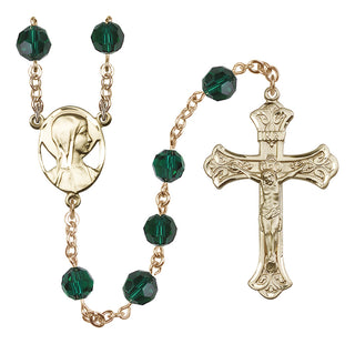 14 Karat Gold-Filled 8mm Austrian Crystal Madonna Mary Rosary in Emerald