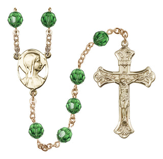 14 Karat Gold 8mm Austrian Crystal Madonna Mary Rosary in Erinite