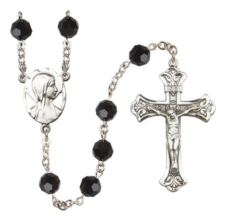 Sterling Silver 8mm Austrian Crystal Madonna Mary Rosary in Jet