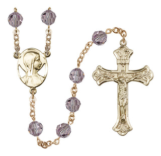 14 Karat Gold-Filled 8mm Austrian Crystal Madonna Mary Rosary in Light Amethyst