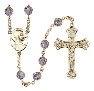 14 Karat Gold 8mm Austrian Crystal Madonna Mary Rosary in Light Amethyst