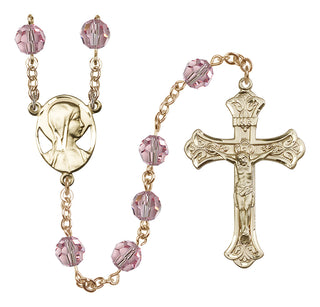 14 Karat Gold 8mm Austrian Crystal Madonna Mary Rosary in Light Rose