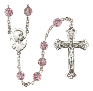 Sterling Silver 8mm Austrian Crystal Madonna Mary Rosary in Light Rose