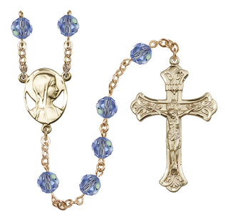 14 Karat Gold 8mm Austrian Crystal Madonna Mary Rosary in Light Sapphire