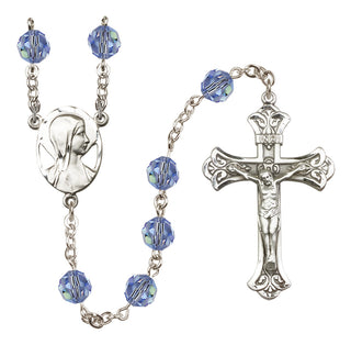 Sterling Silver 8mm Austrian Crystal Madonna Mary Rosary in Light Sapphire