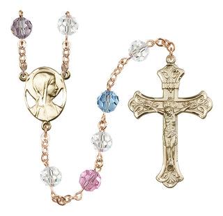 14 Karat Gold-Filled 8mm Austrian Crystal Madonna Mary Rosary in Multi-Color