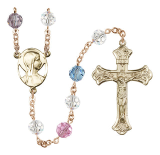 14 Karat Gold 8mm Austrian Crystal Madonna Mary Rosary in Multi-Color