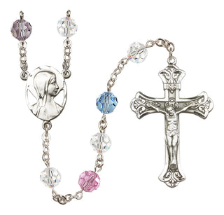 Sterling Silver 8mm Austrian Crystal Madonna Mary Rosary in Multi-Color