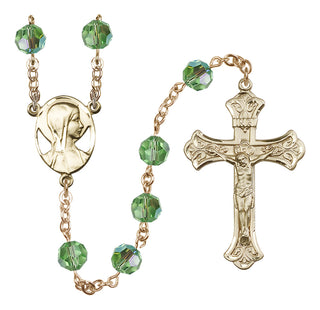 14 Karat Gold-Filled 8mm Austrian Crystal Madonna Mary Rosary in Peridot