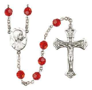 Sterling Silver 8mm Austrian Crystal Madonna Mary Rosary in Ruby