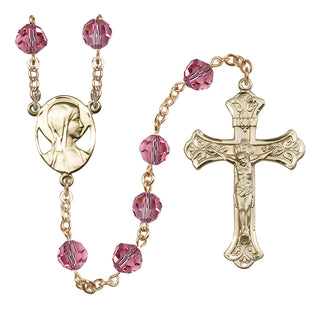 14 Karat Gold-Filled 8mm Austrian Crystal Madonna Mary Rosary in Rose
