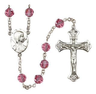 Sterling Silver 8mm Austrian Crystal Madonna Mary Rosary in Rose