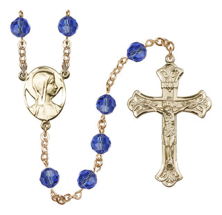 14 Karat Gold 8mm Austrian Crystal Madonna Mary Rosary in Sapphire