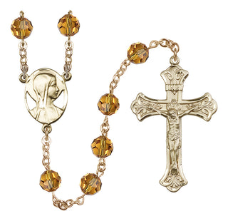 14 Karat Gold-Filled 8mm Austrian Crystal Madonna Mary Rosary in Topaz