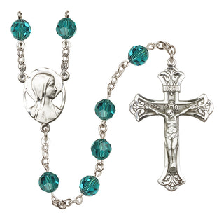 Sterling Silver 8mm Austrian Crystal Madonna Mary Rosary in Zircon