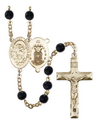 14 KT Solid Gold 6mm Black Onyx Saint Michael Air Force Rosary