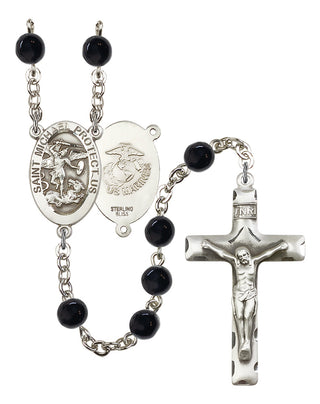 Sterling Silver 6mm Black Onyx Saint Michael Marines Rosary