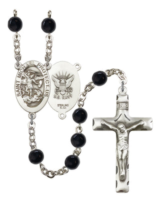 Sterling Silver 6mm Black Onyx Saint Michael Navy Rosary