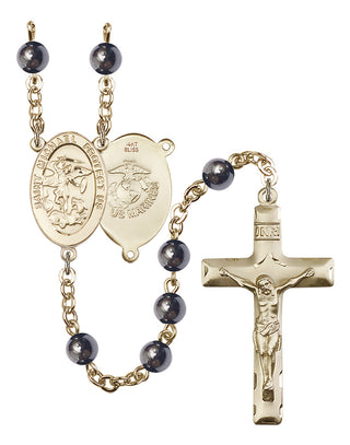 14 KT Solid Gold 6mm Hematite Saint Michael Marines Rosary