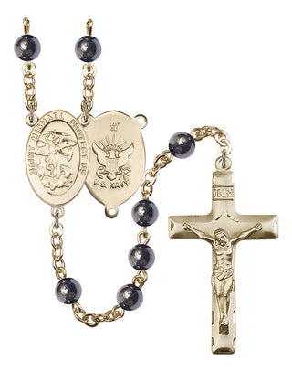 14 KT Solid Gold 6mm Hematite Saint Michael Navy Rosary