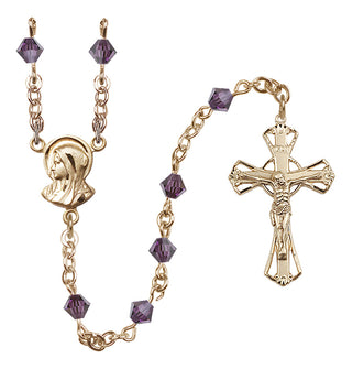 14 Karat Gold 5mm Austrian Crystal Madonna Mary Rosary in Amethyst