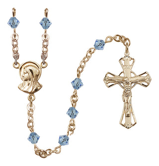 14 Karat Gold-Filled 5mm Austrian Crystal Madonna Mary Rosary in Aqua