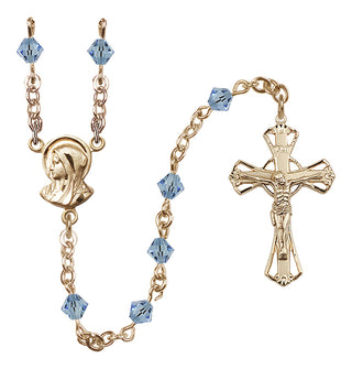 14 Karat Gold 5mm Austrian Crystal Madonna Mary Rosary in Aqua
