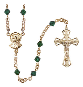 14 Karat Gold 5mm Austrian Crystal Madonna Mary Rosary in Emerald