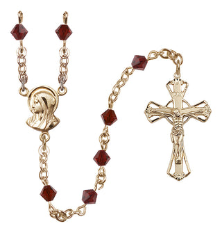 14 Karat Gold 5mm Austrian Crystal Madonna Mary Rosary in Garnet