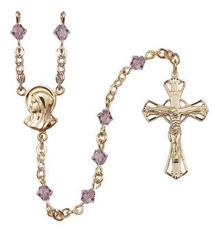14 Karat Gold 5mm Austrian Crystal Madonna Mary Rosary in Light Amethyst