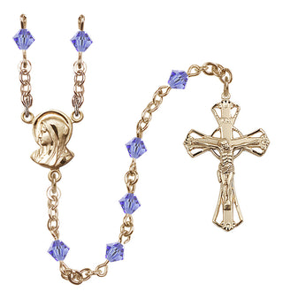 14 Karat Gold 5mm Austrian Crystal Madonna Mary Rosary in Light Sapphire