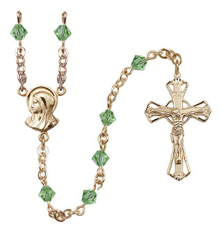 14 Karat Gold-Filled 5mm Austrian Crystal Madonna Mary Rosary in Peridot