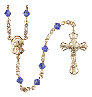 14 Karat Gold 5mm Austrian Crystal Madonna Mary Rosary in Sapphire