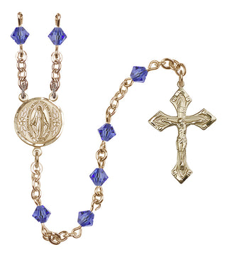 14 Karat Gold 5mm Austrian Crystal Miraculous Rosary in Sapphire
