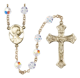 14 Karat Gold-Filled 8mm Austrian Crystal Madonna Mary Rosary with Aurora Borealis in Crystal