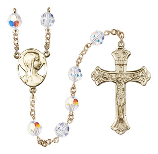 14 Karat Gold 8mm Austrian Crystal Madonna Mary Rosary with Aurora Borealis in Crystal