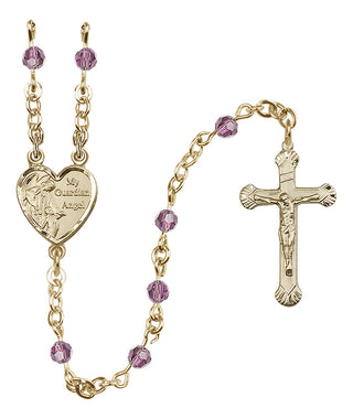 14 Karat Gold 4mm Austrian Crystal Guardian Angel Rosary in Light Amethyst