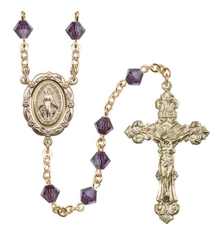 14 Karat Gold 6mm Austrian Crystal Miraculous Rosary in Amethyst