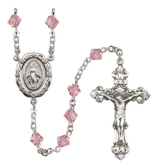 Sterling Silver 6mm Austrian Crystal Miraculous Rosary in Light Rose