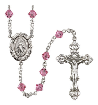 Sterling Silver 6mm Austrian Crystal Miraculous Rosary in Rose