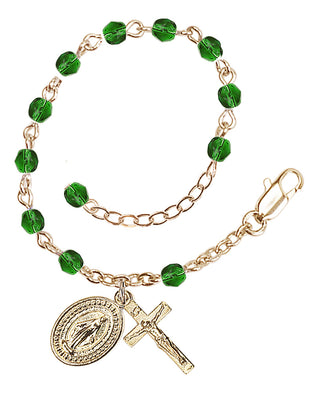 Adjustable Gold Plated 4mm Fire Polished Rosary Bracelet in Emerald